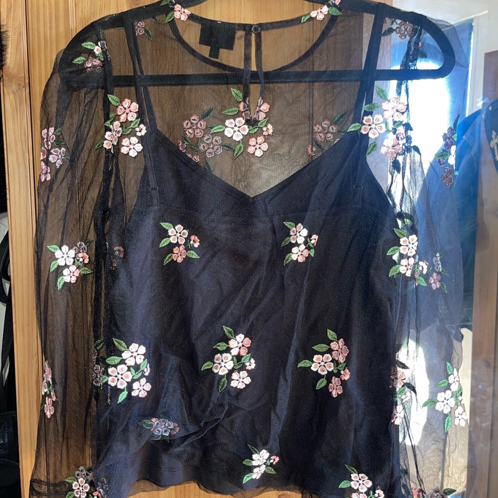 Floral Embroidered Black Sheer Top